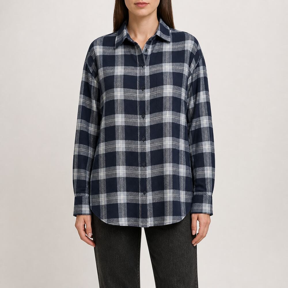 Favorite Daughter Ex-Boyfriend Shirt XS Navy Blue Plaid Flannel Button Front